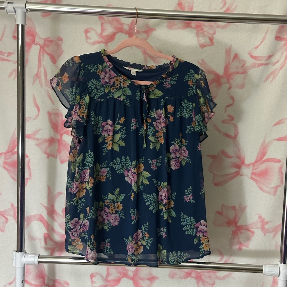 Lauren Conrad Floral Navy Chiffon Blouse